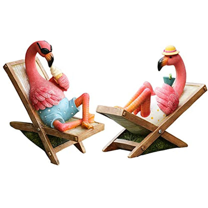 Statuen Skulpturen Rosa Flamingo Gartendekorationen, Flamingo auf einem Loungesessel sitzend, Ornamente – Heimdekorationen, 1 Paar